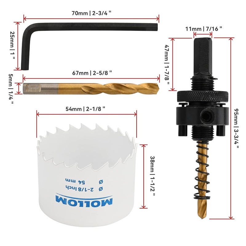 Mollom (54mm | 2-1/8") HSS M42 with 8% Cobalt BI-Metal Hole Saw with 2 Pilot Drill Bits & Arbor Smooth Cutting for PVC,Drywall,Wood,Plastic,Gypsum Board,Rubber - Image 2
